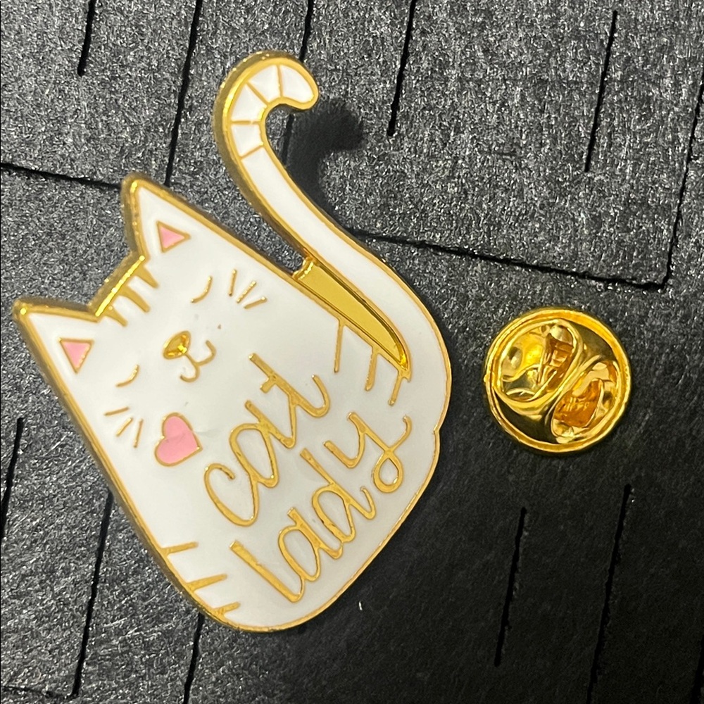 Cat Lady Enamel Pin - White & Pink Cat Accessory - Picture 5 of 7